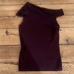 Reiss Indigo Knitted Bardot Silhouette Asymmetrical Off Shoulder Top Burgundy